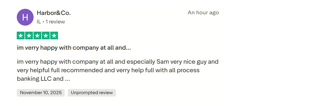 Trustpilot Review by Harbor&Co. - Very happy with company and help full with all process banking LLC