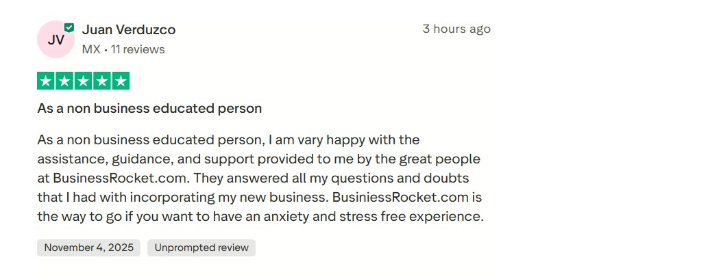 Trustpilot Review by Juan Verduzco - Happy with assistance, guidance, and support provided for new business