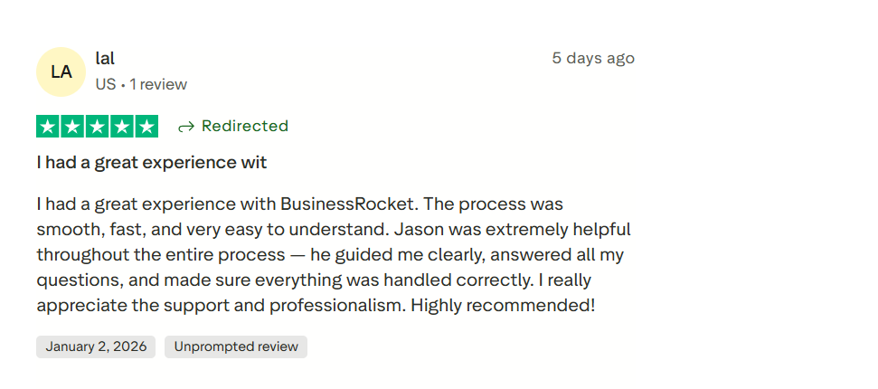  Client testimonial for Florida registered agent services and Sunbiz business filing compliance by BusinessRocket Review by lal