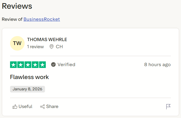 5-star Trustpilot review for Michigan LLC formation services showing flawless customer work by Thomas Wehrle