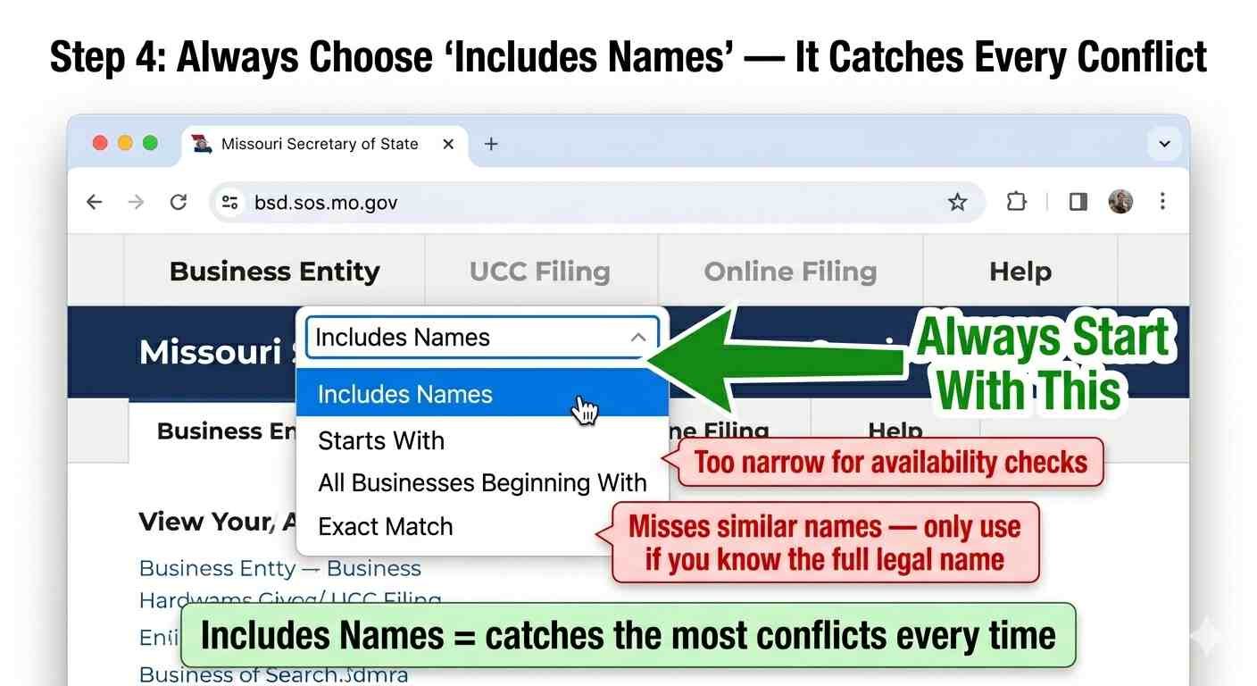 Step 4 Select Includes Names search mode in Missouri Business Entity Search