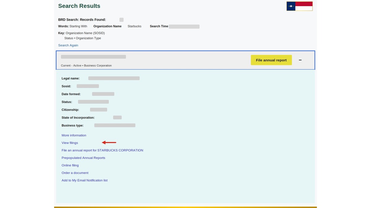 North Carolina business record showing filing history and details