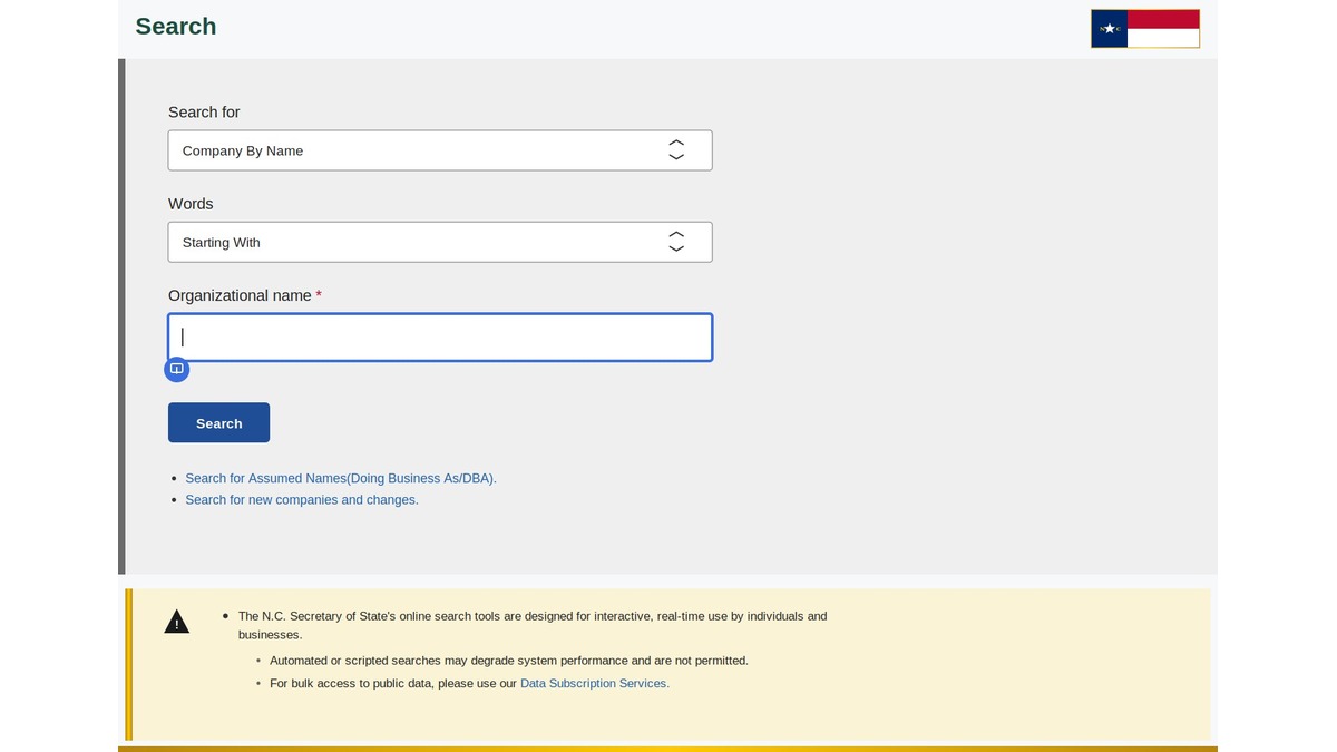 North Carolina Secretary of State business search page