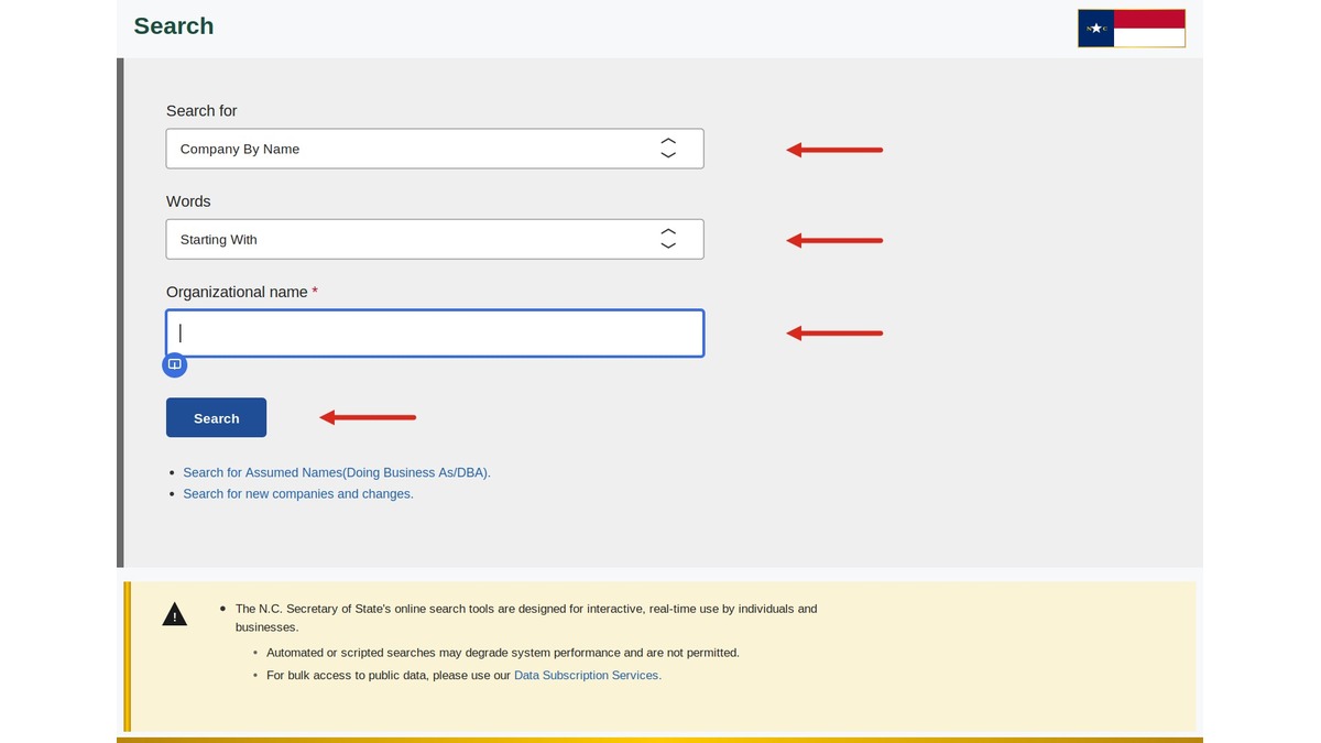 NC Secretary of State business search form on sosnc.gov