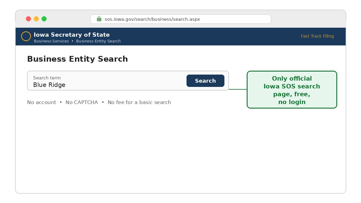 Open the official Iowa SOS business entity search page, Step 1