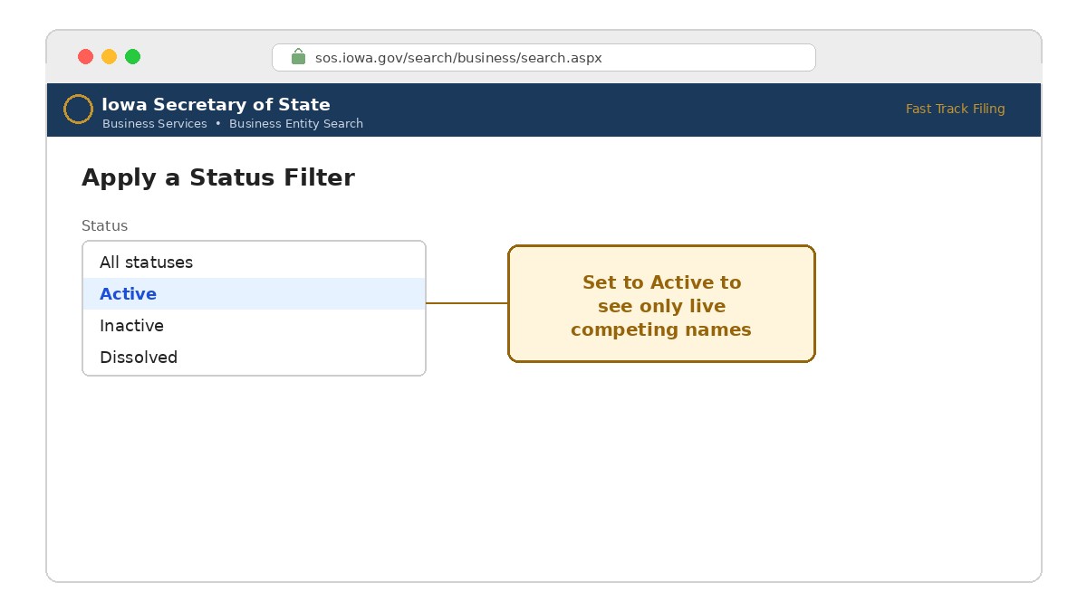Apply a status filter to your Iowa business search, Step 3