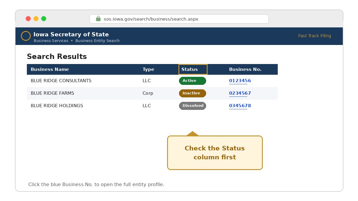 Review your Iowa business entity search results, Step 4