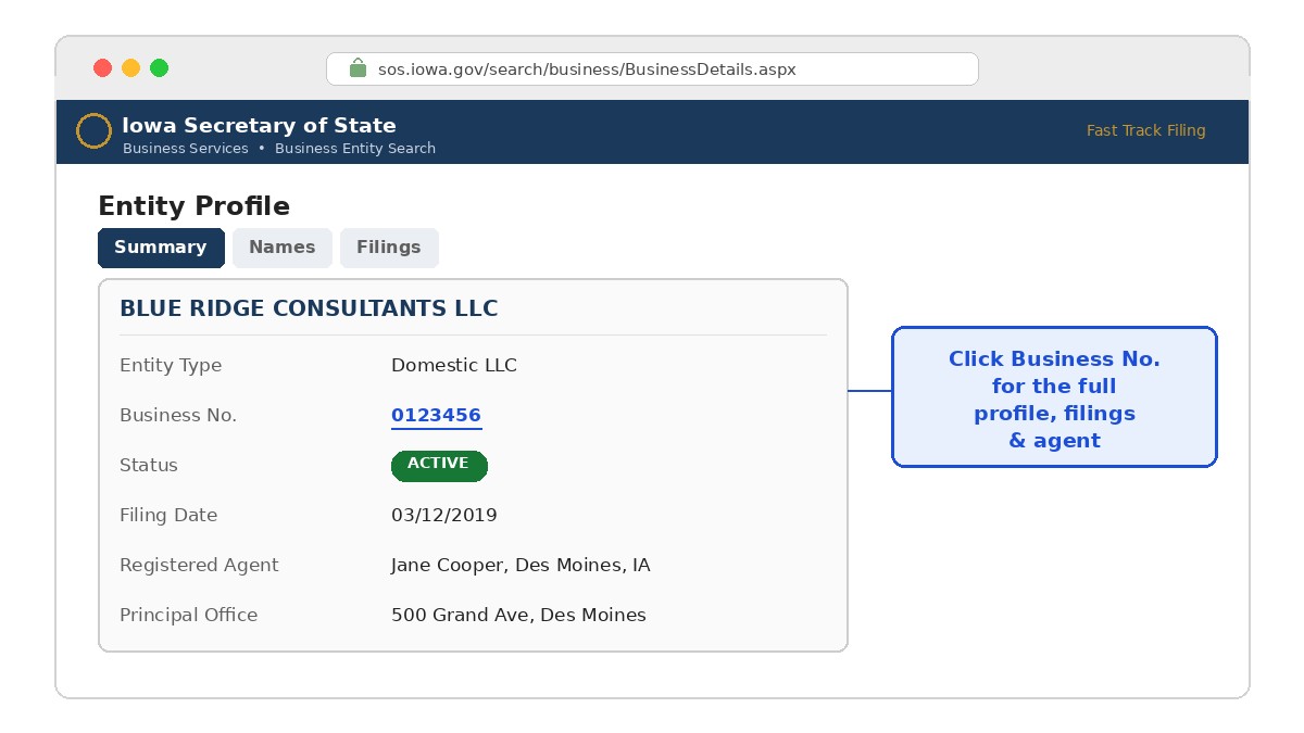 Open the full Iowa entity profile, Step 5