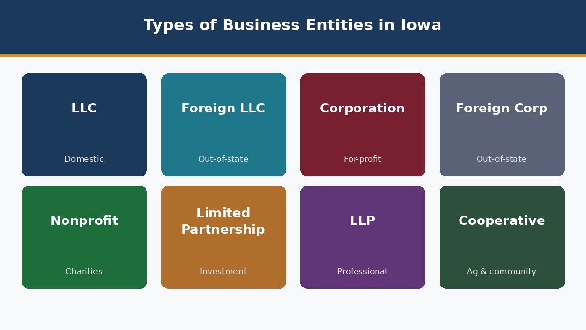 Types of business entities in Iowa, LLC, corporation, nonprofit, LP, LLP, cooperative