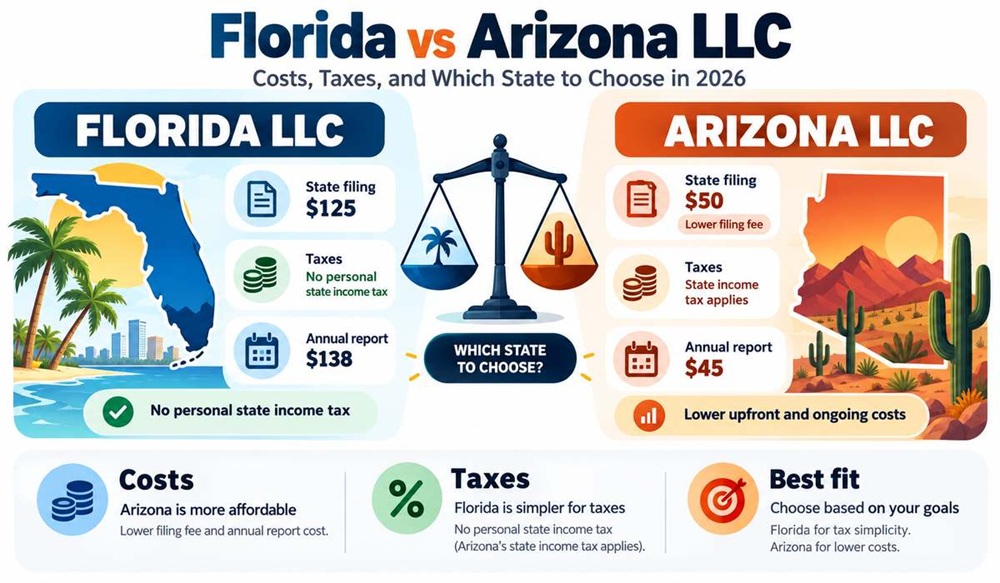 Florida vs Arizona LLC: Costs, Taxes, and Which State to Choose in 2026