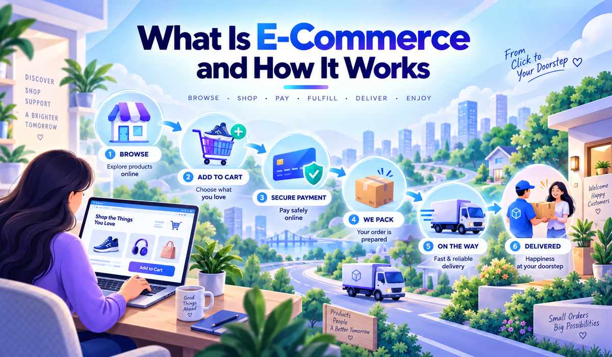 What is e-commerce and how it works, showing online shopping, secure payment, order packing, shipping, and doorstep delivery