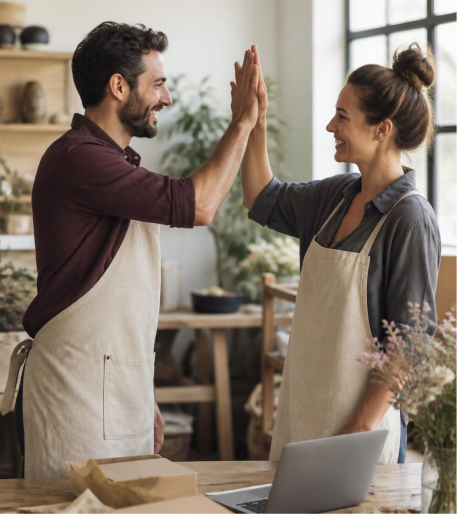 Two small business owners celebrating with a high-five